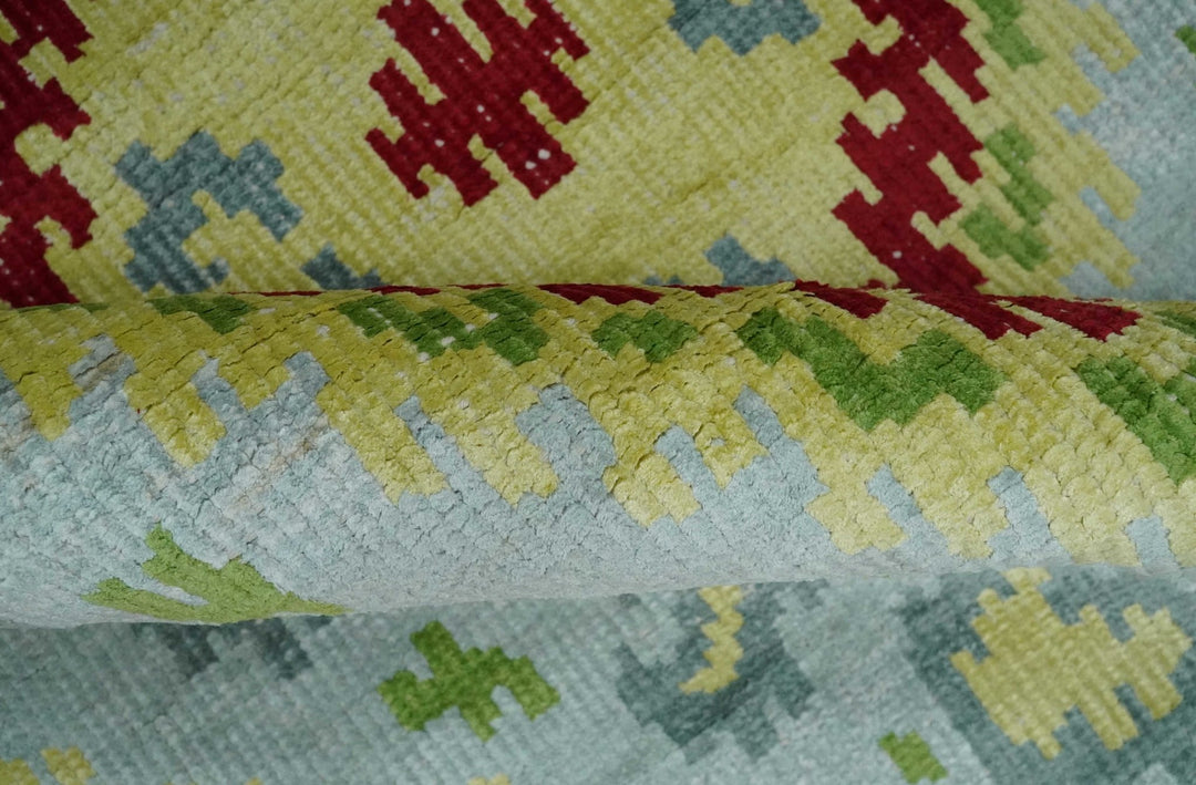 Hand Knotted 4.5x6.5 Silver, Mustard and Red Persian made of Recycled Silk Area Rug | OP129 - The Rug Decor