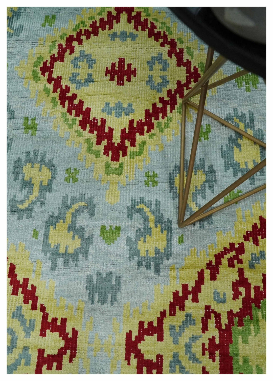 Hand Knotted 4.5x6.5 Silver, Mustard and Red Persian made of Recycled Silk Area Rug | OP129 - The Rug Decor