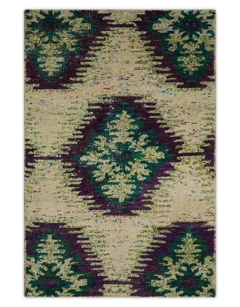 Hand Knotted 4x6 Beige, Violet and Green Persian made of Recycled Silk Area Rug | OP57 - The Rug Decor