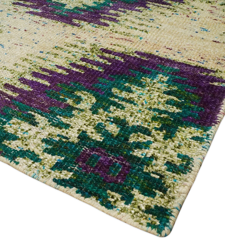Hand Knotted 4x6 Beige, Violet and Green Persian made of Recycled Silk Area Rug | OP57 - The Rug Decor