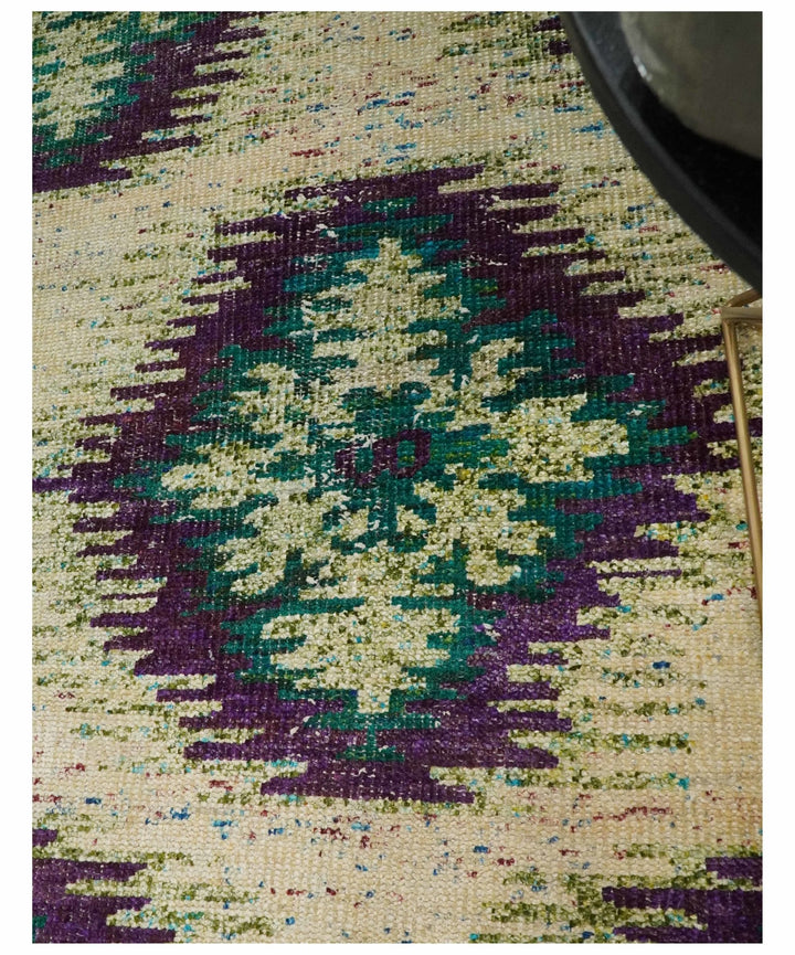 Hand Knotted 4x6 Beige, Violet and Green Persian made of Recycled Silk Area Rug | OP57 - The Rug Decor