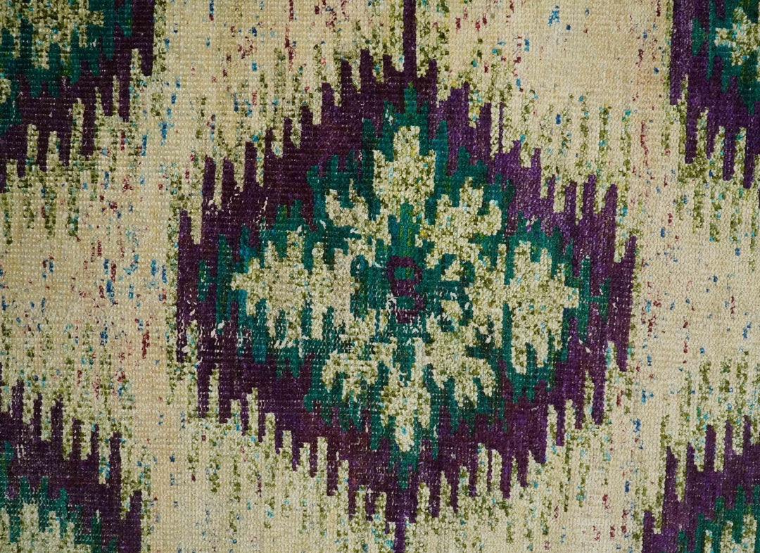 Hand Knotted 4x6 Beige, Violet and Green Persian made of Recycled Silk Area Rug | OP57 - The Rug Decor