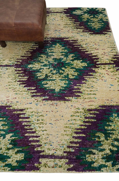 Hand Knotted 4x6 Beige, Violet and Green Persian made of Recycled Silk Area Rug | OP57 - The Rug Decor