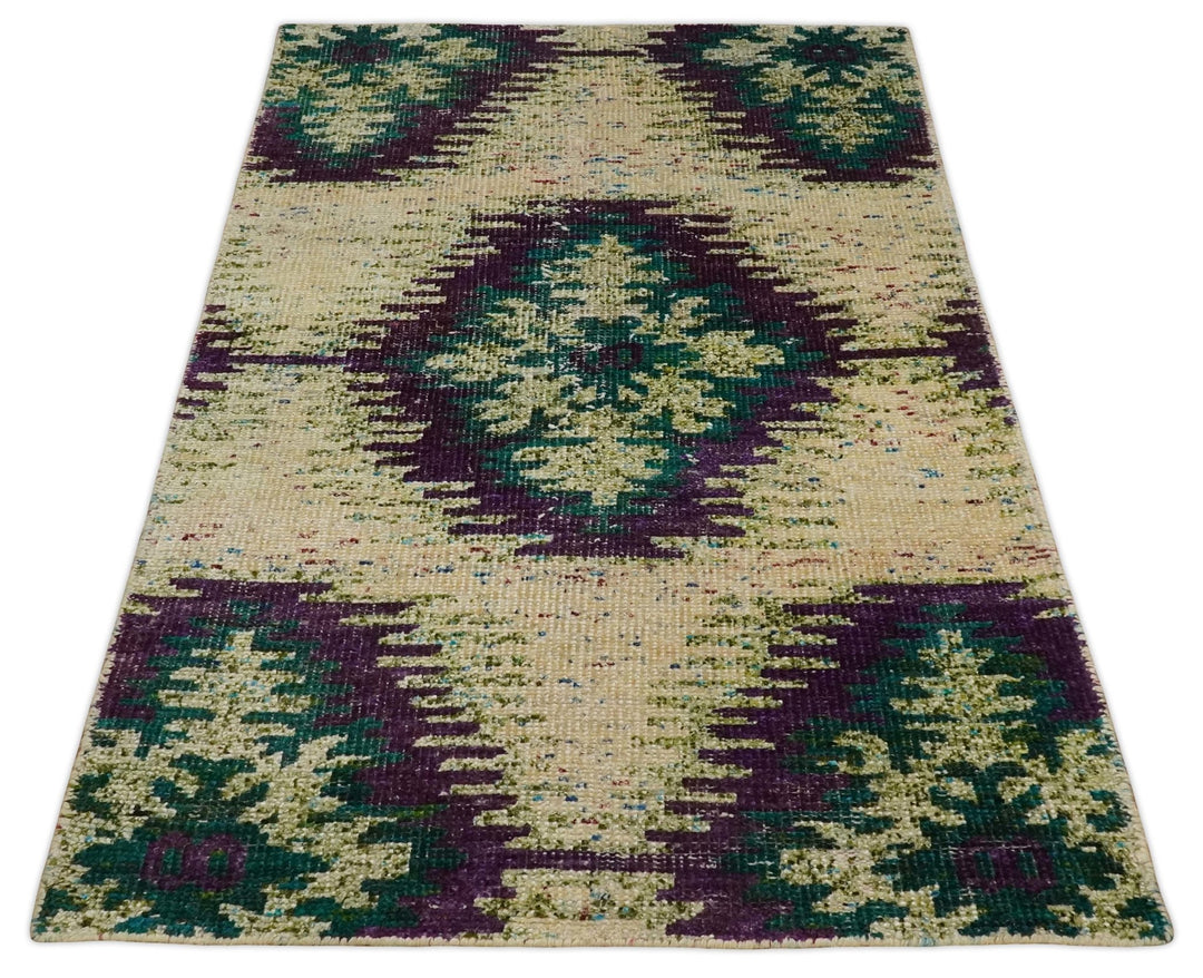 Hand Knotted 4x6 Beige, Violet and Green Persian made of Recycled Silk Area Rug | OP57 - The Rug Decor