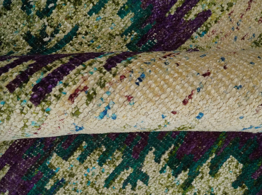 Hand Knotted 4x6 Beige, Violet and Green Persian made of Recycled Silk Area Rug | OP57 - The Rug Decor