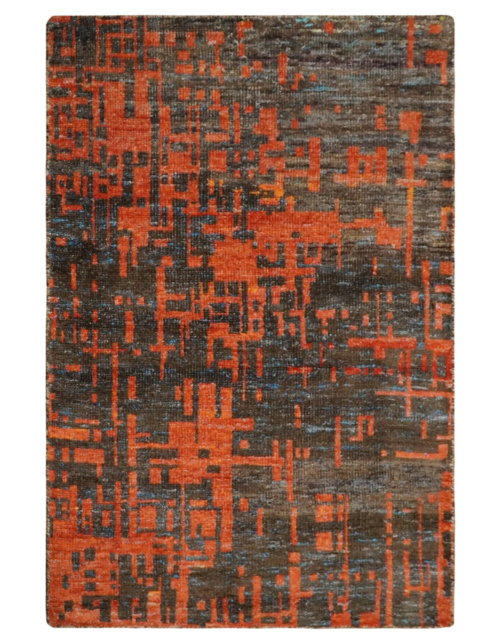 Hand Knotted 4x6 Orange and Charcoal Modern Abstract Contemporary Recycled Silk Area Rug | OP62 - The Rug Decor