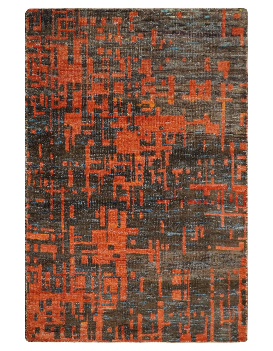 Hand Knotted 4x6 Orange and Charcoal Modern Abstract Contemporary Recycled Silk Area Rug | OP62 - The Rug Decor