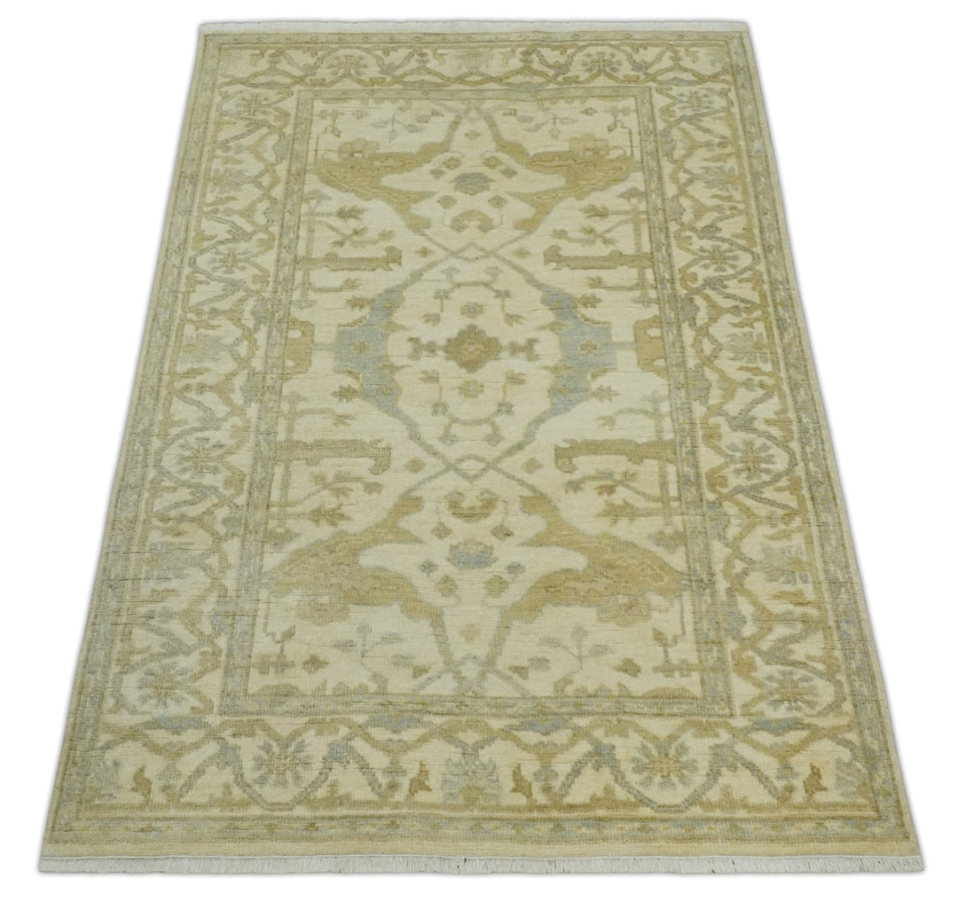 Hand Knotted 4x6 Oriental Oushak Beige an Gray Wool Area Rug, Small Turkish Design Rug | N35146 - The Rug Decor