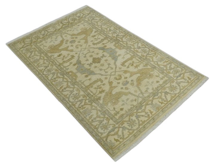 Hand Knotted 4x6 Oriental Oushak Beige an Gray Wool Area Rug, Small Turkish Design Rug | N35146 - The Rug Decor