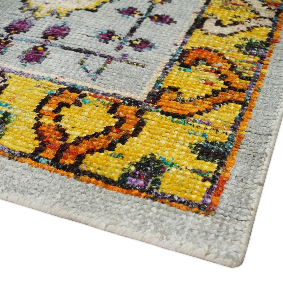 Hand Knotted 4x6 Silver, Mustard and Gold Persian Oushak made of Recycled Silk Area Rug | OP65 - The Rug Decor