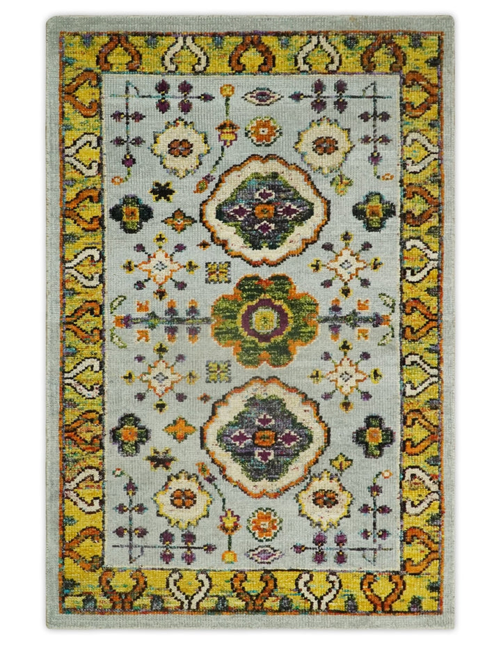 Hand Knotted 4x6 Silver, Mustard and Gold Persian Oushak made of Recycled Silk Area Rug | OP65 - The Rug Decor