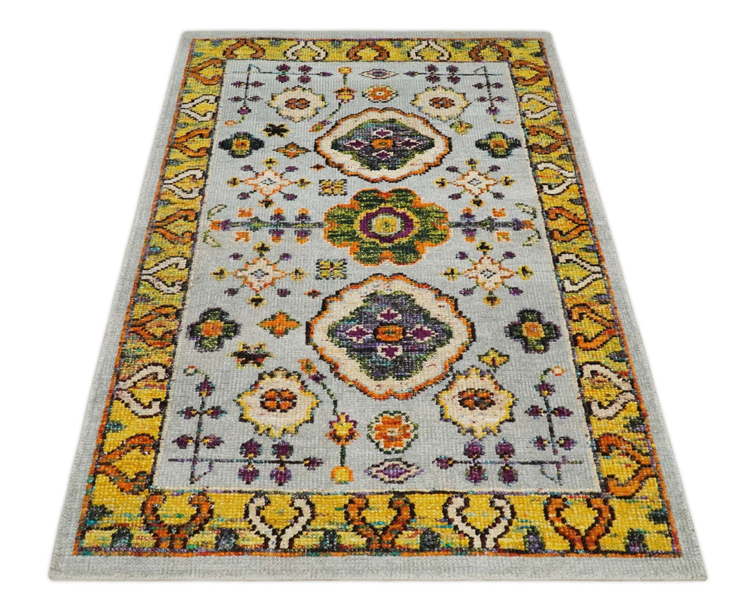 Hand Knotted 4x6 Silver, Mustard and Gold Persian Oushak made of Recycled Silk Area Rug | OP65 - The Rug Decor