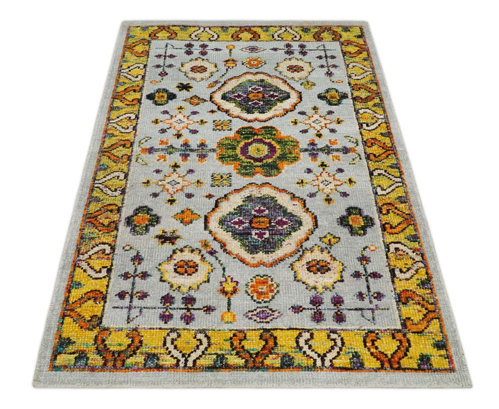 Hand Knotted 4x6 Silver, Mustard and Gold Persian Oushak made of Recycled Silk Area Rug | OP65 - The Rug Decor