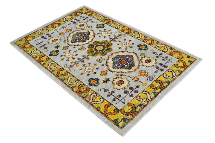 Hand Knotted 4x6 Silver, Mustard and Gold Persian Oushak made of Recycled Silk Area Rug | OP65 - The Rug Decor