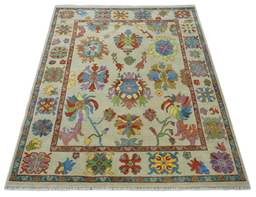 Hand Knotted 5x8, 6x9, 8x10, 9x12, 10x14 and 12x15 Beige with multicolor Traditional Oushak Wool Rug | TRDCP1348 - The Rug Decor