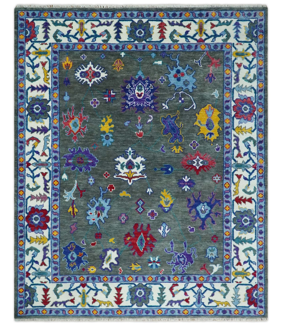 Hand Knotted 5x8, 6x9, 8x10, 9x12, 10x14 and 12x15 Charcoal and Ivory Traditional Persian Oushak Wool Rug | TRDCP911810 - The Rug Decor
