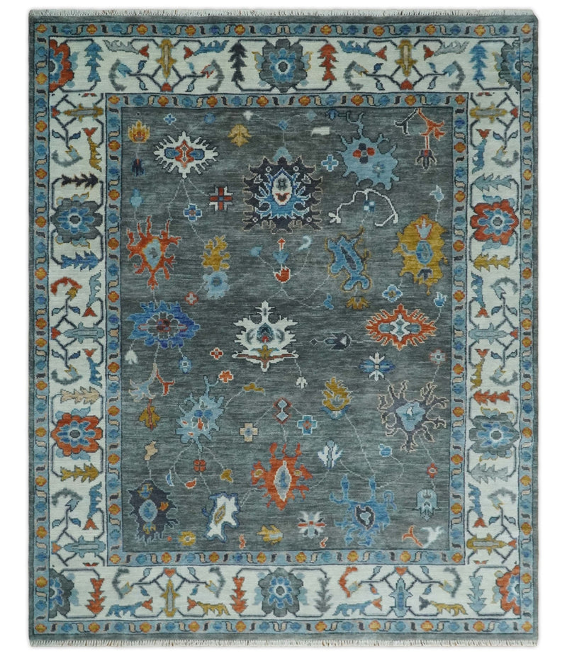 Hand Knotted 5x8, 6x9, 8x10, 9x12, 10x14 and 12x15 Charcoal and Ivory Traditional Persian Oushak Wool Rug | TRDCP944810 - The Rug Decor