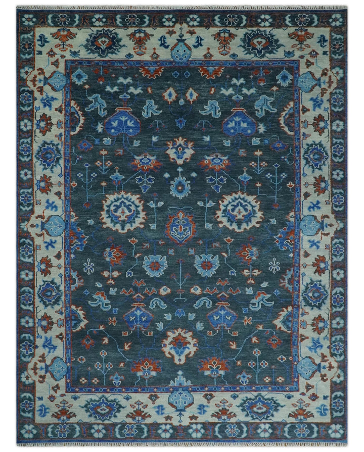 Hand Knotted 5x8, 6x9, 8x10, 9x12, 10x14 and 12x15 Charcoal, Blue and Ivory Traditional Persian Oushak Wool Rug | TRDCP1089 - The Rug Decor