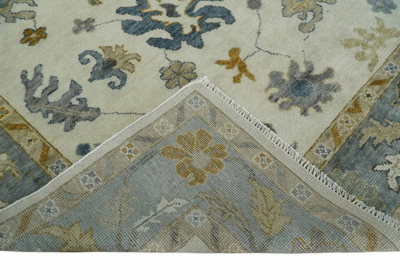 Hand Knotted 5x8, 6x9, 8x10, 9x12, 10x14 and 12x15 Ivory, Blue and Brown Traditional Persian Oushak Wool Rug | TRDCP910810 - The Rug Decor