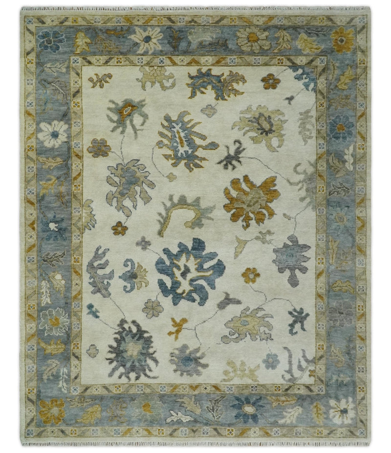 Hand Knotted 5x8, 6x9, 8x10, 9x12, 10x14 and 12x15 Ivory, Blue and Brown Traditional Persian Oushak Wool Rug | TRDCP910810 - The Rug Decor