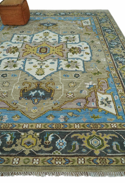 Hand Knotted 5x8, 6x9, 8x10, 9x12, 10x14 and 12x15 Ivory, Camel and Teal Modern Traditional Persian Heriz Serapi Wool Rug | TRDCP881912 - The Rug Decor