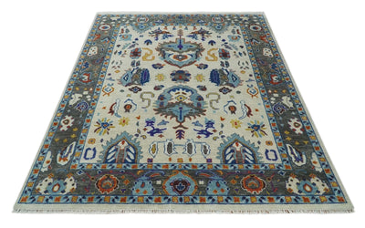 Hand Knotted 5x8, 6x9, 8x10, 9x12, 10x14 and 12x15 Ivory, Charcoal and Blue Traditional Persian Oushak Wool Rug | TRDCP892 - The Rug Decor
