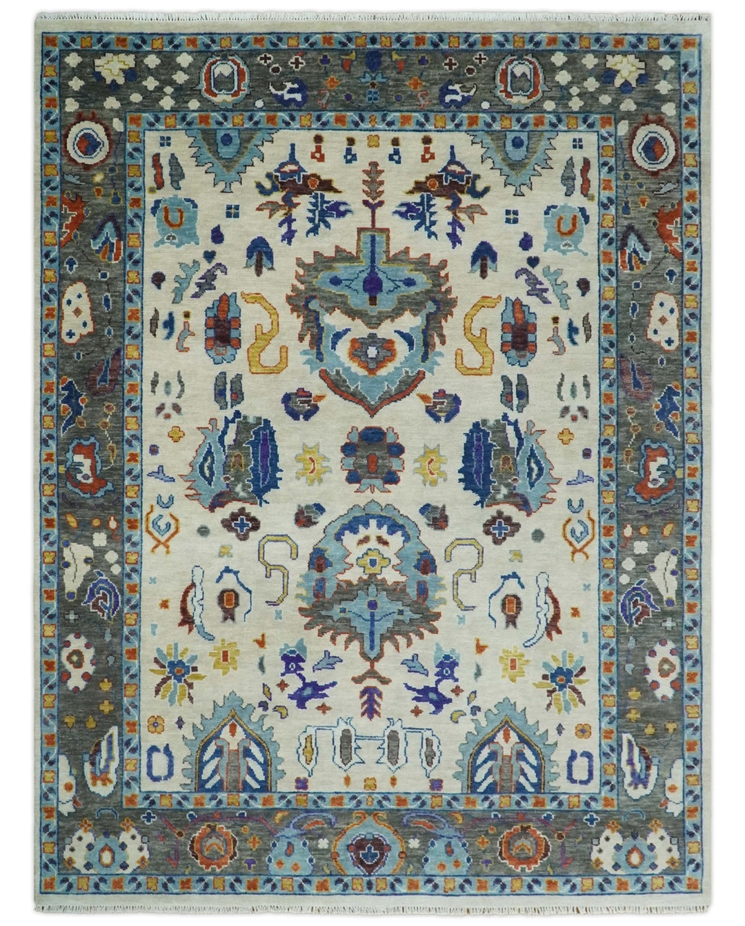 Hand Knotted 5x8, 6x9, 8x10, 9x12, 10x14 and 12x15 Ivory, Charcoal and Blue Traditional Persian Oushak Wool Rug | TRDCP892 - The Rug Decor