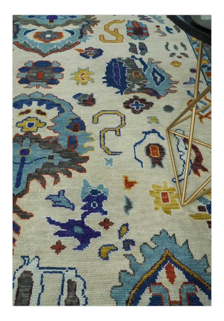 Hand Knotted 5x8, 6x9, 8x10, 9x12, 10x14 and 12x15 Ivory, Charcoal and Blue Traditional Persian Oushak Wool Rug | TRDCP892 - The Rug Decor