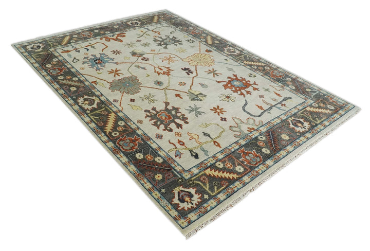 Hand Knotted 5x8, 6x9, 8x10, 9x12, 10x14 and 12x15 Ivory, Charcoal and Blue Traditional Persian Oushak Wool Rug | TRDCP916912 - The Rug Decor