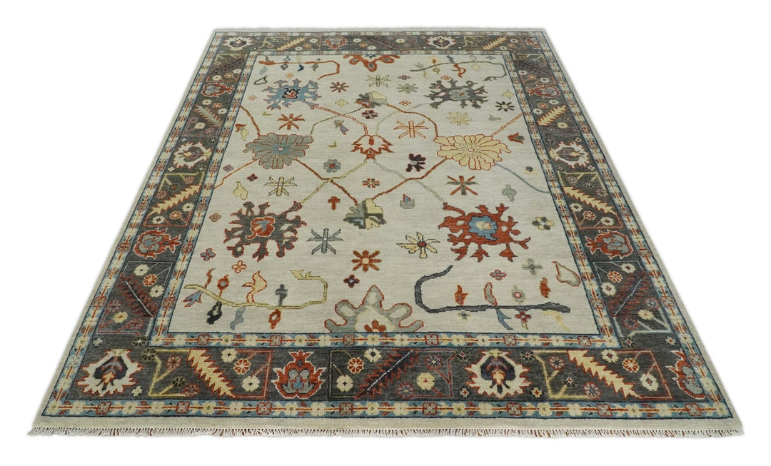 Hand Knotted 5x8, 6x9, 8x10, 9x12, 10x14 and 12x15 Ivory, Charcoal and Blue Traditional Persian Oushak Wool Rug | TRDCP916912 - The Rug Decor