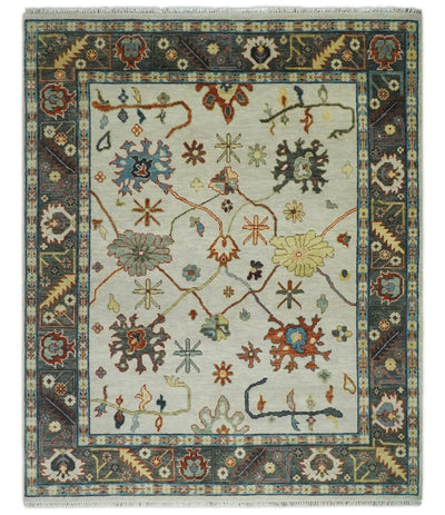 Hand Knotted 5x8, 6x9, 8x10, 9x12, 10x14 and 12x15 Ivory, Charcoal and Blue Traditional Persian Oushak Wool Rug | TRDCP916912 - The Rug Decor