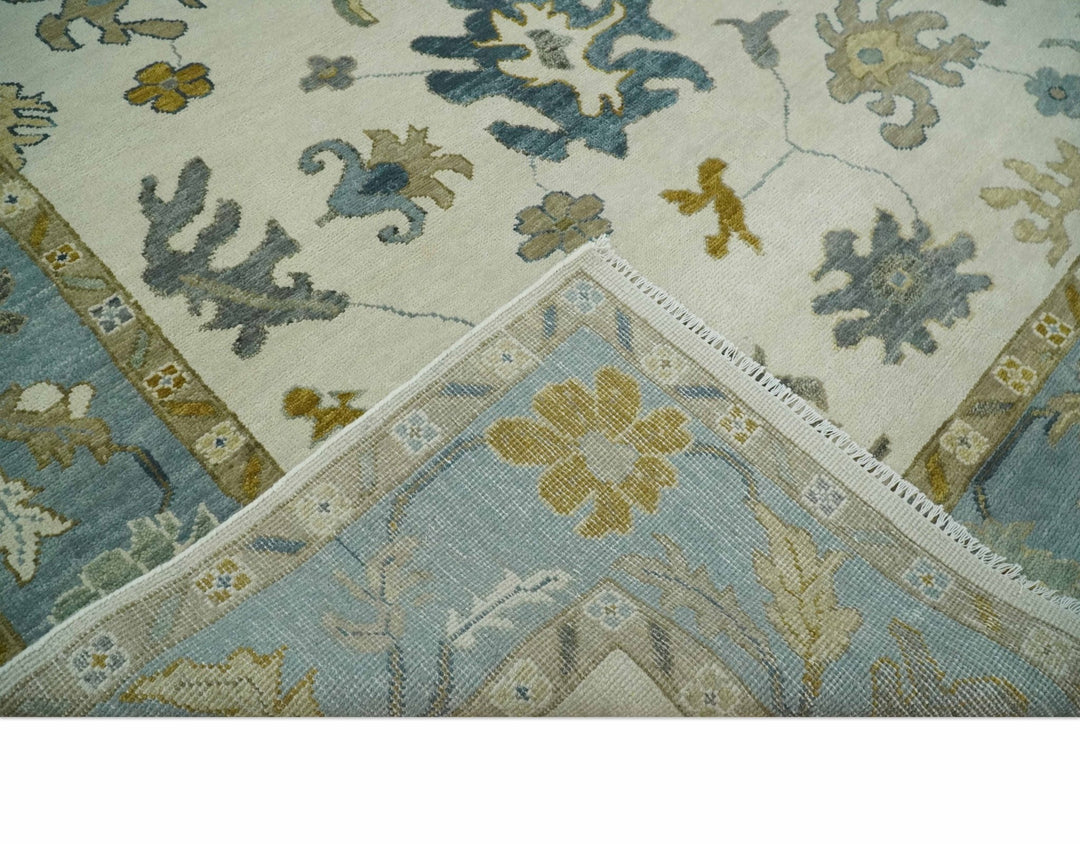 Hand Knotted 5x8, 6x9, 8x10, 9x12, 10x14 and 12x15 Ivory, Silver and Blue Traditional Vintage Oushak Wool Rug | TRDCP1342 - The Rug Decor