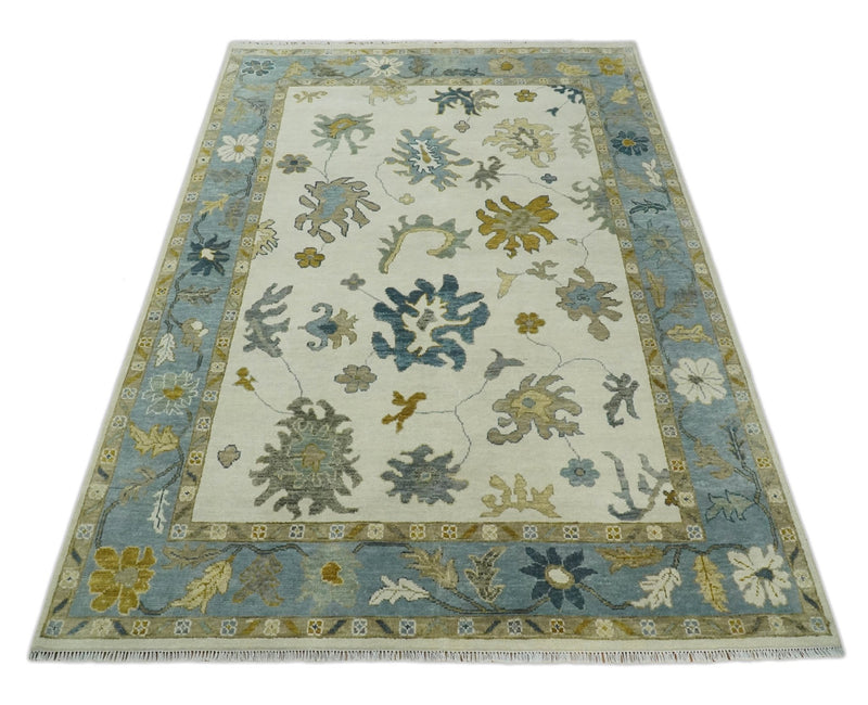 Hand Knotted 5x8, 6x9, 8x10, 9x12, 10x14 and 12x15 Ivory, Silver and Blue Traditional Vintage Oushak Wool Rug | TRDCP1342 - The Rug Decor
