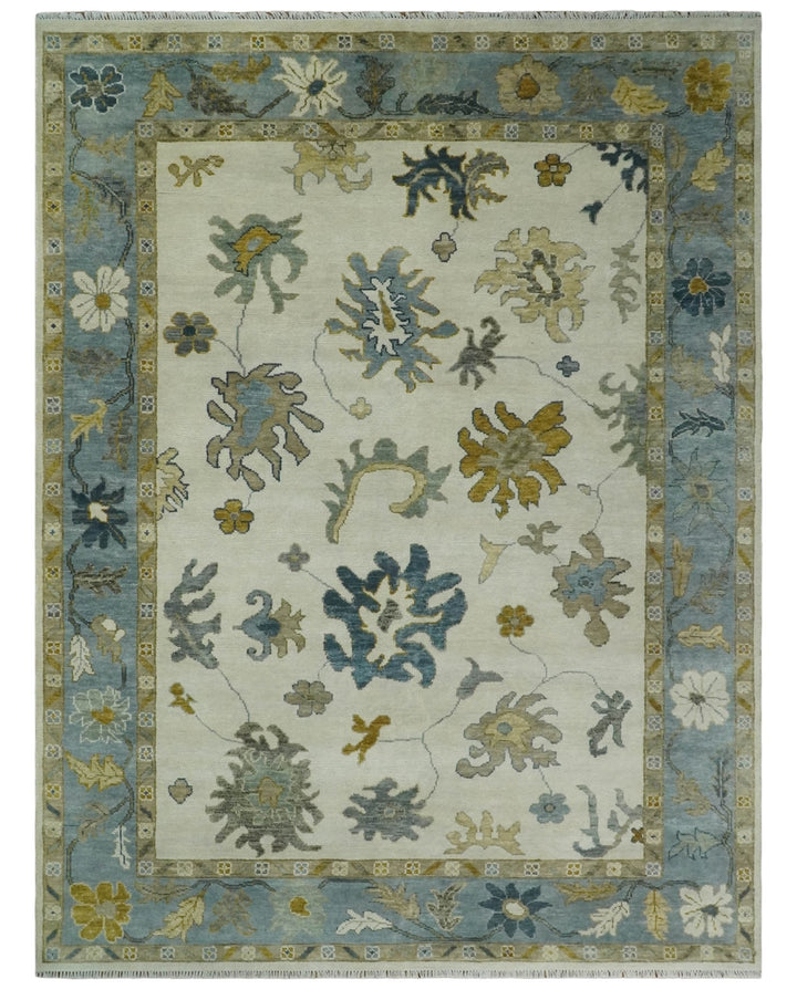 Hand Knotted 5x8, 6x9, 8x10, 9x12, 10x14 and 12x15 Ivory, Silver and Blue Traditional Vintage Oushak Wool Rug | TRDCP1342 - The Rug Decor