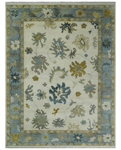Hand Knotted 5x8, 6x9, 8x10, 9x12, 10x14 and 12x15 Ivory, Silver and Blue Traditional Vintage Oushak Wool Rug | TRDCP1342 - The Rug Decor