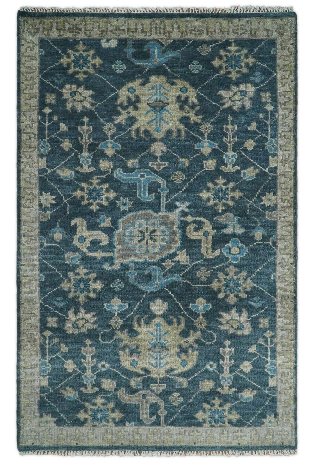 Hand Knotted 5x8, 6x9, 8x10, 9x12 ,10x14 and 12x15 Vintage Persian Oriental Turkish Oushak Blue and Camel Wool Area Rug | TRDCP8 - The Rug Decor