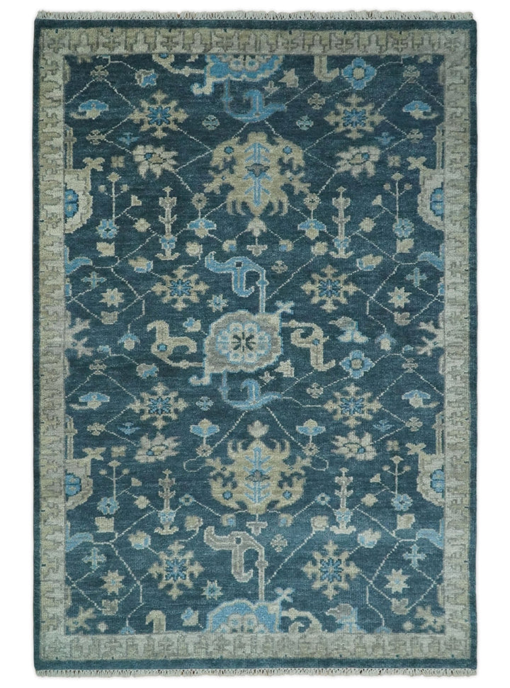 Hand Knotted 5x8, 6x9, 8x10, 9x12 ,10x14 and 12x15 Vintage Persian Oriental Turkish Oushak Blue and Camel Wool Area Rug | TRDCP8 - The Rug Decor