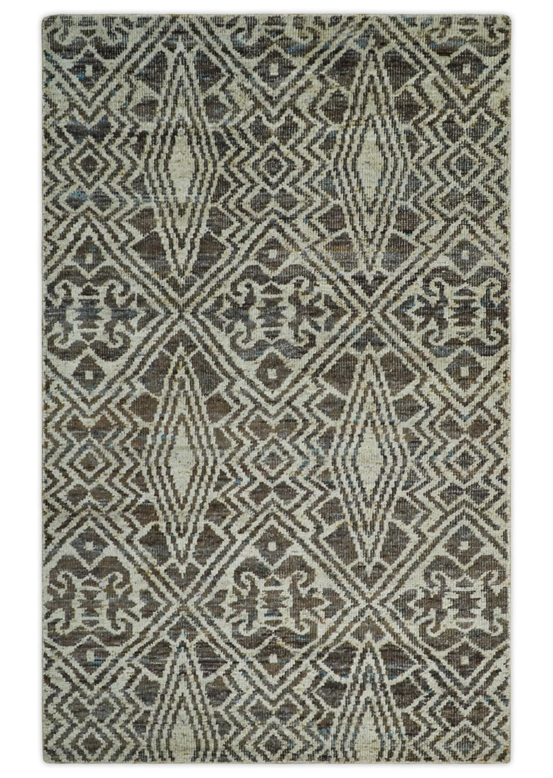 Hand Knotted 5x8 Beige and Brown Modern Persian Contemporary Southwestern Tribal Trellis Recycled Silk Area Rug | OP106 - The Rug Decor