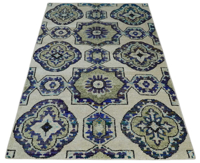 Hand Knotted 5x8 Beige, Violet and Olive Persian made of Recycled Silk Area Rug | OP98 - The Rug Decor
