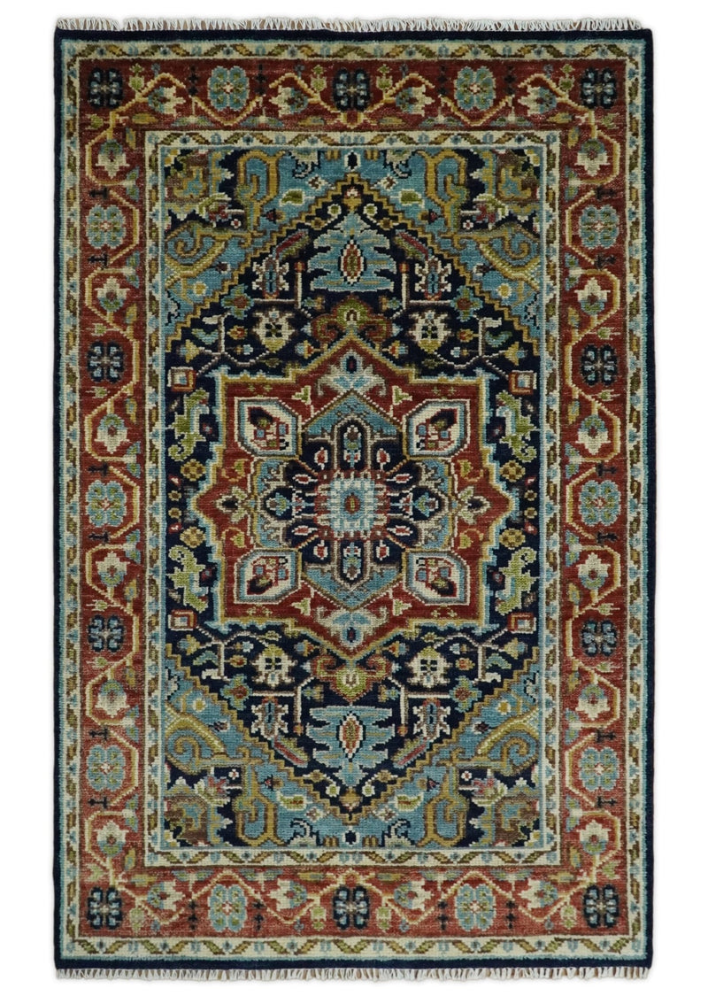 Hand Knotted 5x8 Blue and Rust Traditional Persian Heriz Serapi Area Rug | TRDCP19358 - The Rug Decor