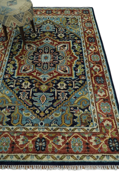 Hand Knotted 5x8 Blue and Rust Traditional Persian Heriz Serapi Area Rug | TRDCP19358 - The Rug Decor