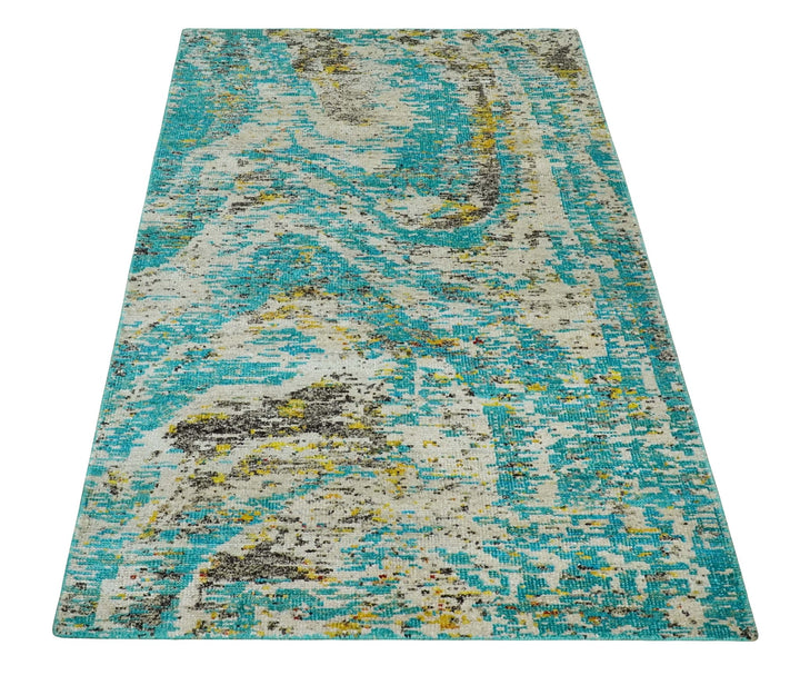 Hand Knotted 5x8 Blue, Ivory and Brown Modern Abstract Contemporary Recycled Silk Area Rug | OP79 - The Rug Decor