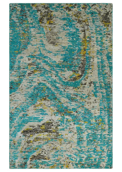 Hand Knotted 5x8 Blue, Ivory and Brown Modern Abstract Contemporary Recycled Silk Area Rug | OP79 - The Rug Decor