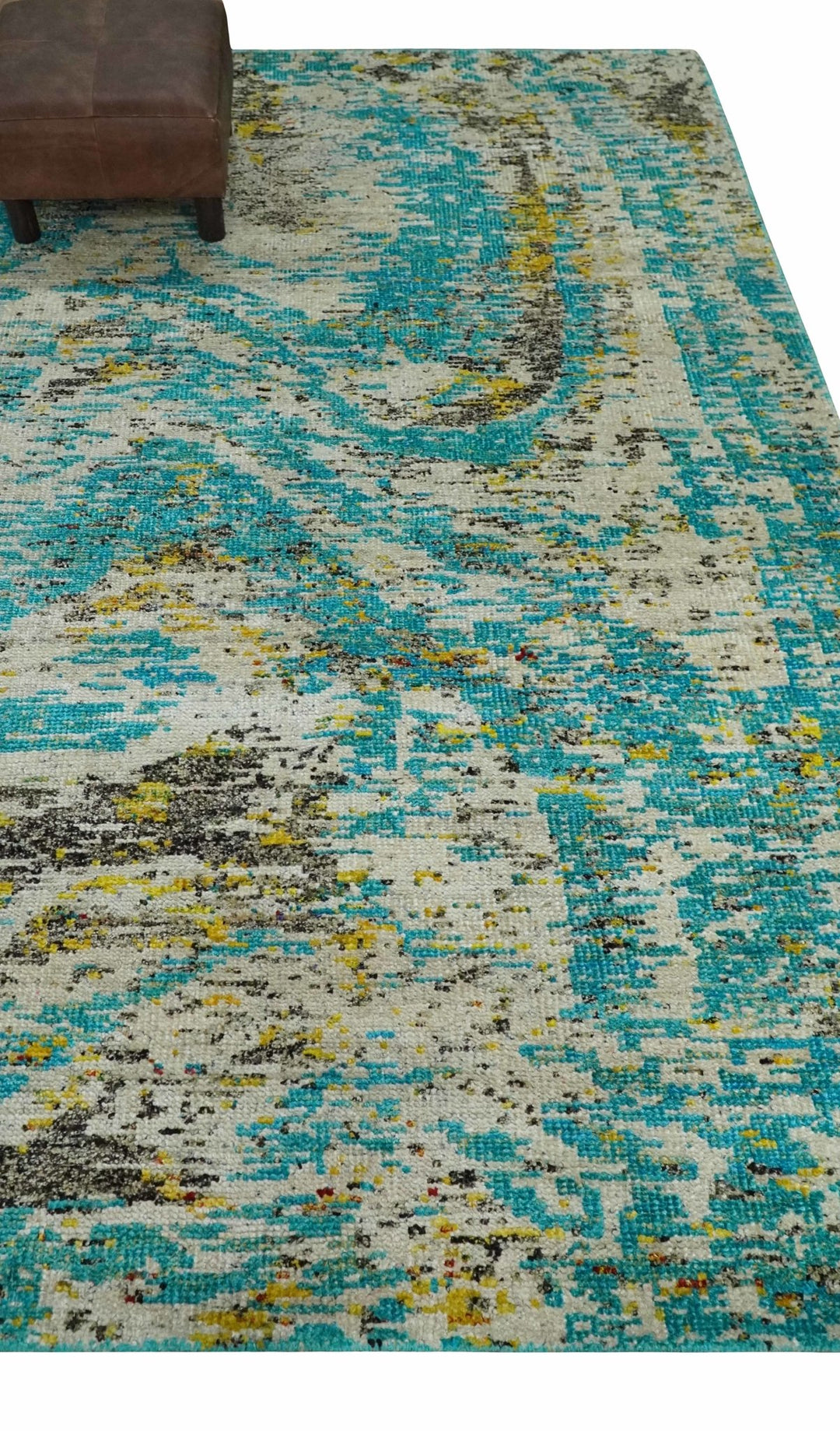 Hand Knotted 5x8 Blue, Ivory and Brown Modern Abstract Contemporary Recycled Silk Area Rug | OP79 - The Rug Decor