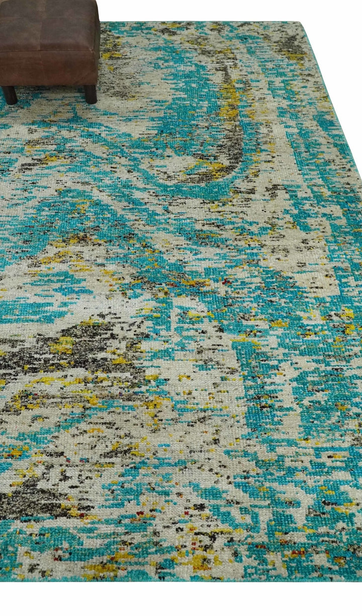 Hand Knotted 5x8 Blue, Ivory and Brown Modern Abstract Contemporary Recycled Silk Area Rug | OP79 - The Rug Decor