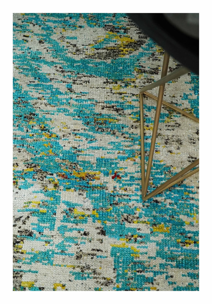 Hand Knotted 5x8 Blue, Ivory and Brown Modern Abstract Contemporary Recycled Silk Area Rug | OP79 - The Rug Decor