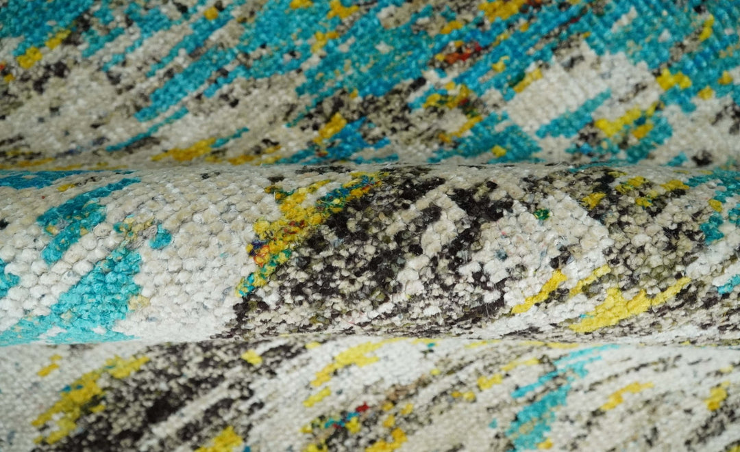 Hand Knotted 5x8 Blue, Ivory and Brown Modern Abstract Contemporary Recycled Silk Area Rug | OP79 - The Rug Decor