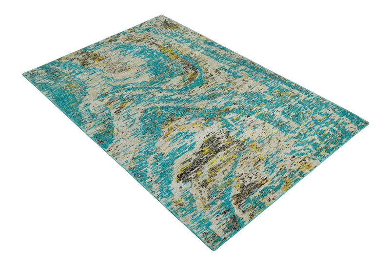 Hand Knotted 5x8 Blue, Ivory and Brown Modern Abstract Contemporary Recycled Silk Area Rug | OP79 - The Rug Decor