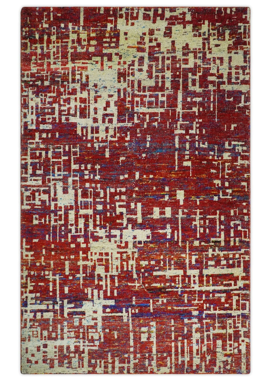 Hand Knotted 5x8 Camel, Red and Blue Modern Abstract Contemporary Recycled Silk Area Rug | OP126 - The Rug Decor