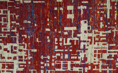 Hand Knotted 5x8 Camel, Red and Blue Modern Abstract Contemporary Recycled Silk Area Rug | OP126 - The Rug Decor